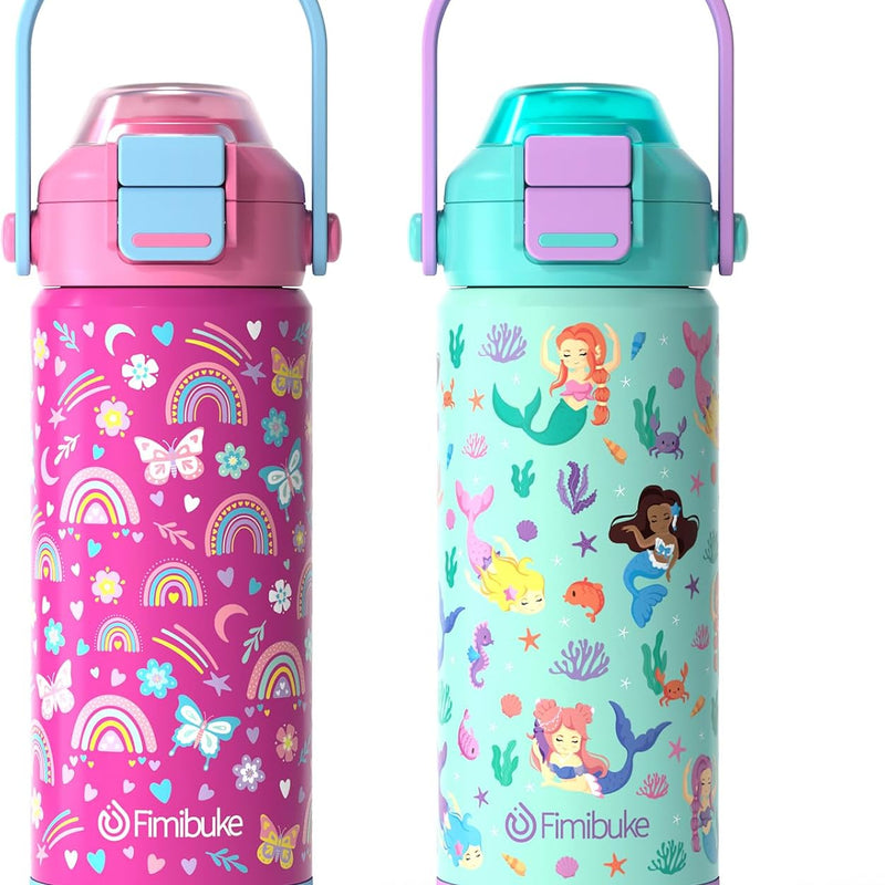 Fimibuke 18oz Kids Insulated Water Bottle with 2-in-1 Straw & Spout Lid | Leak Proof 18/8 Stainless Steel Vacuum Tumbler with Pop-Open Lid, BPA-Free Kids Cup for Travel School Girl Boy Toddler 2 Pack