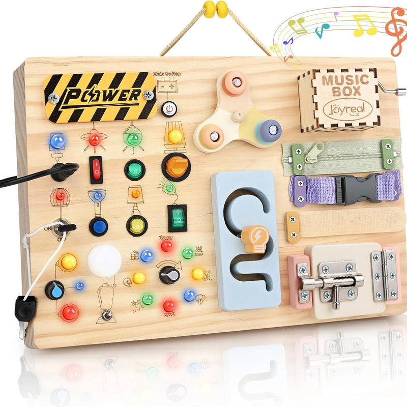 joyreal wooden montessori toys for toddlers sensory activity board with led lights music box locks