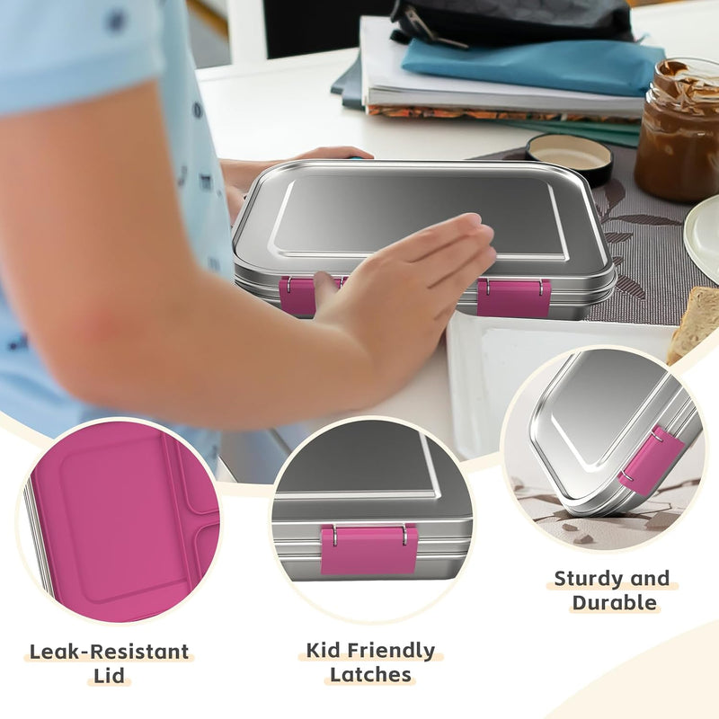 BOSEDSANG Stainless Steel Kids Leak-Resistant Bento Lunch Box, 3-Compartments with Silicone Container, Dishwasher-Safe, Child-Friendly Design for School, Picnics & Travel,BPA-Free(Pink)