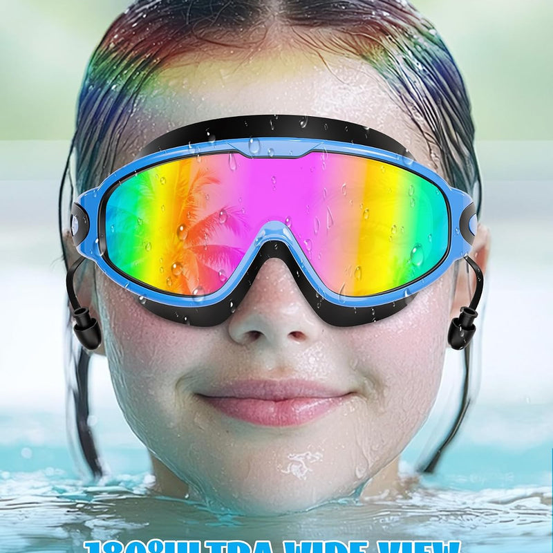 Aegend New Kids 2 Pack Wide View Swim Goggles, Anti-Fog/UV No Leak Goggles with Ear Plugs Kids 3-14