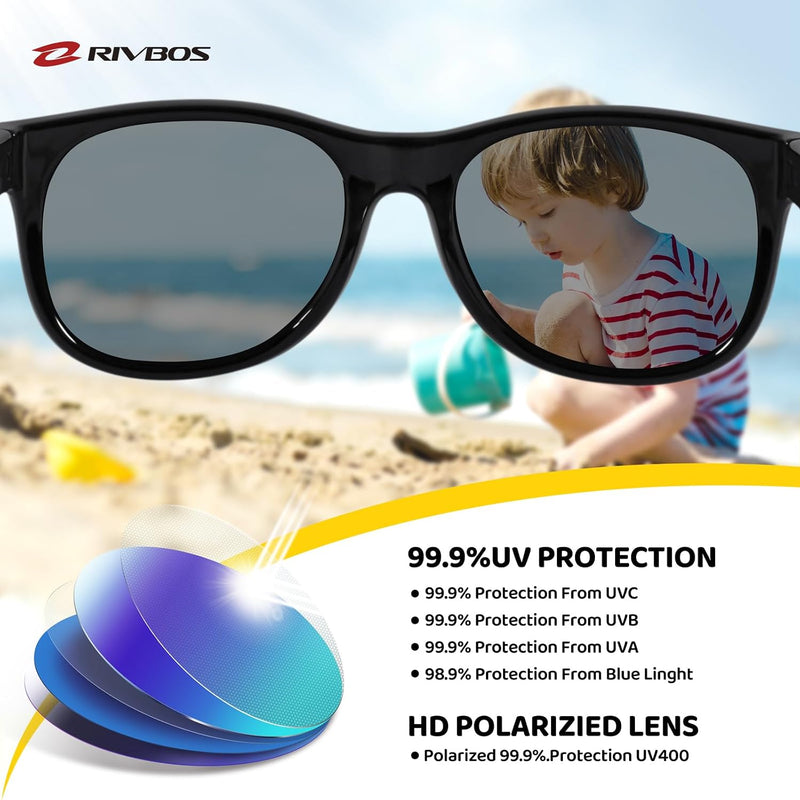 RIVBOS Kids Sunglasses Polarized UV400 TPE with Strap for Boys Girls RBK004 | Flexible rubber frame with UV protection and secure strap for boys, girls, beach, travel and play