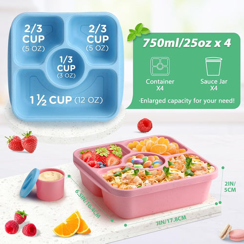 Bento Snack Box Containers for Adults Kids, 4 Pack Lunchable Meal Prep Containers Reusable, Stackable Bento Lunch Box, Food Storage Prep Containers with Lids and 4 Sauce Cups, Pastel Color, Clear Lid