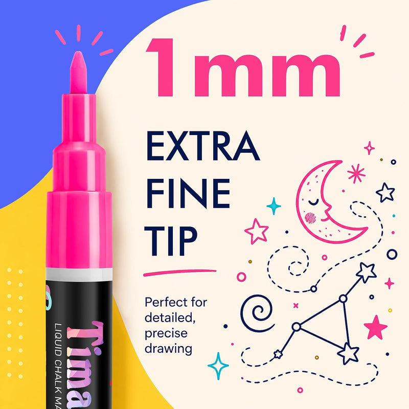 Timart Extra Fine Tip Chalk Markers (8 Pack 1mm Point), Liquid Chalk Pens - Dry Erase Marker Pens for Blackboard, Chalkboards, Windows, Glass, Bistro, Cars, Signs, Chalkboard Labels Included