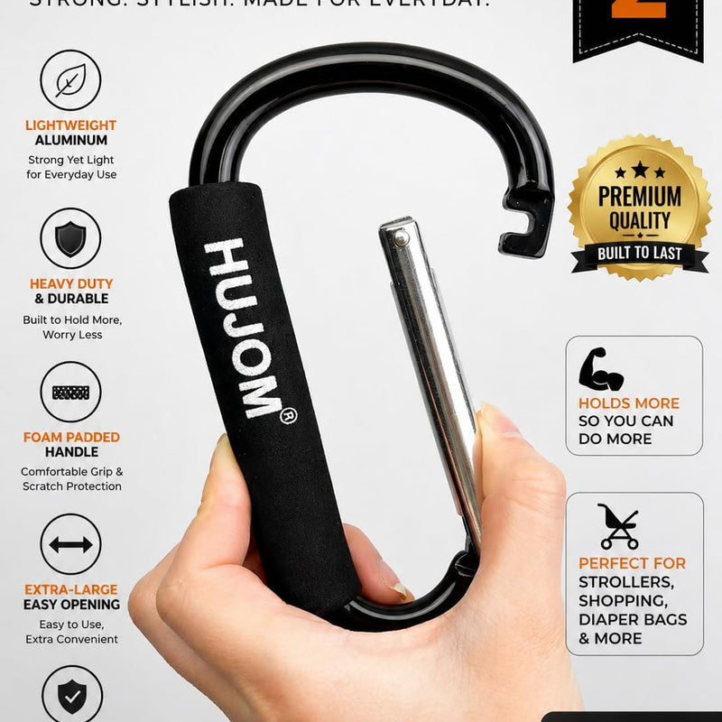 Stroller Hooks 2 Pack Heavy Duty Large Carabiner Clips for Bags & Baby Gear | Universal Fit, Hang Diaper, Purse, Grocery & Shopping Bags, Mommy Accessories, Backpack, Camping, Hiking, Travel, Moms gift