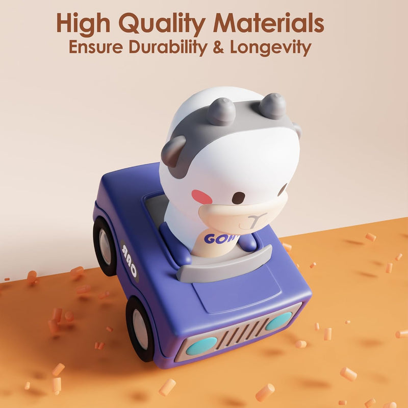 iPlay Press to Go Car Toys for Toddlers 1-3 Years, Baby Animal Racing Cars, High-Quality ABS Materials, No Small Parts
