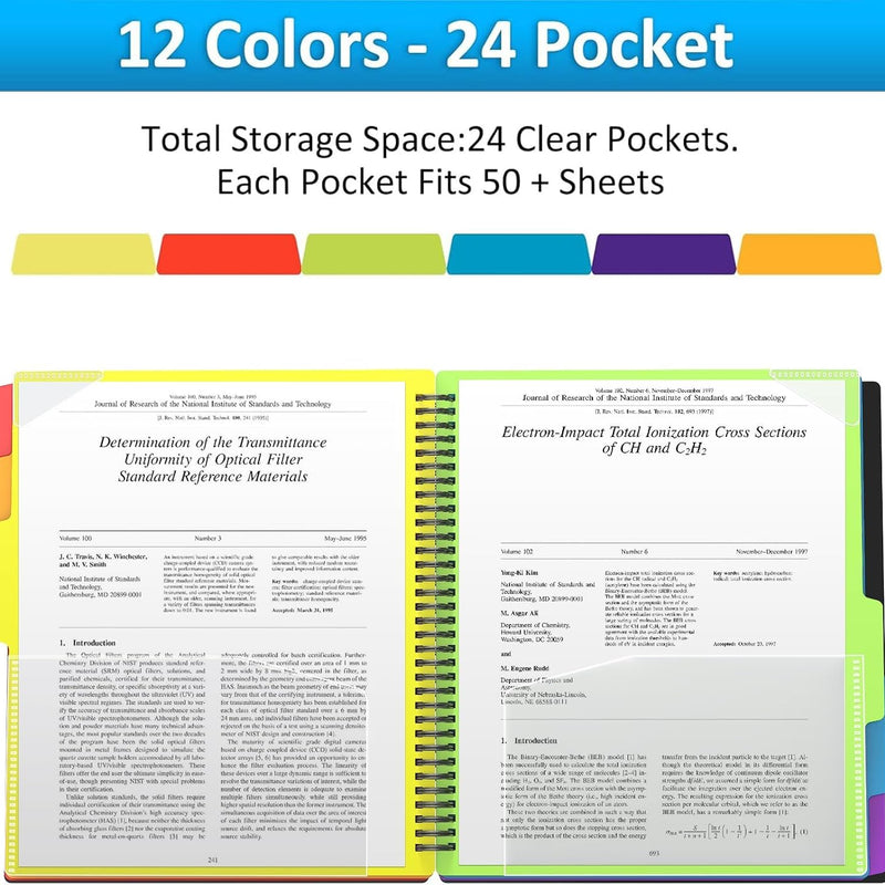 HABGP 12 Pocket Plastic folders with Pockets, 6 Colors Multi Pocket Folder Binder with Dividers, Office Organizer Folder Letter Size School Supplies