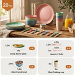 Wheat Straw Dinnerware Sets 20 PCS Cups and Plates Sets for Kitchen Microwave and Dishwasher Safe Plate Set Unbreakable Camping Dish Set Kids Plates and Bowls Sets for Picnic, RV (Multilight)