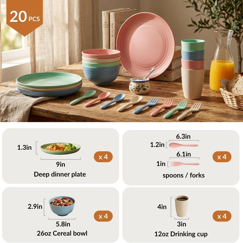 Wheat Straw Dinnerware Sets 20 PCS Cups and Plates Sets for Kitchen Microwave and Dishwasher Safe Plate Set Unbreakable Camping Dish Set Kids Plates and Bowls Sets for Picnic, RV (Multilight)