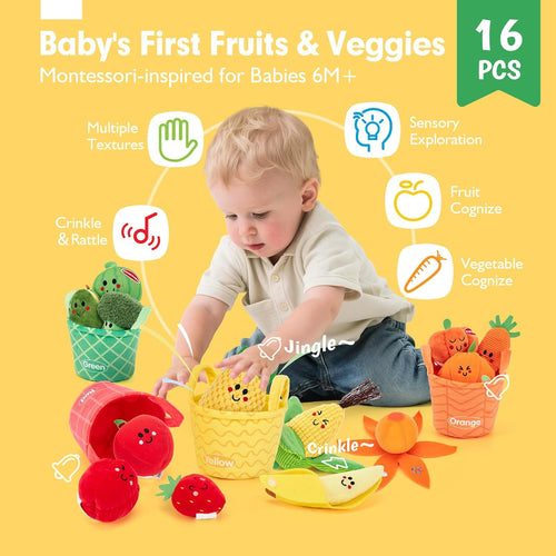 hahaland 16 PCS My First Fruit Vegetable Color Sorting Play Food Crinkle Rattle Baby Toys Montessori 6-12 Months
