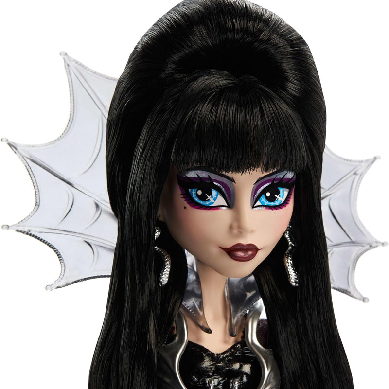 Monster High Doll, Elvira, Mistress of the Dark Collectible in Black Faux Leather Dress with Silvery Batwing Cape and Premium Accessories