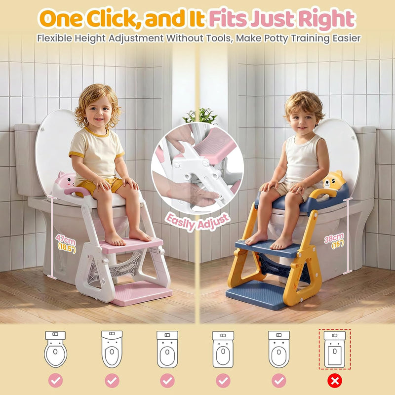 Orzbow Potty Training Seat with Step Stool, Toddler Toilet Seat with Ladder | 7 Height Adjustable, Splash Guard, Non-Slip Base, Handles, Stable Triangular Fits Most Toilets, For Kids Boys Girls, Pink
