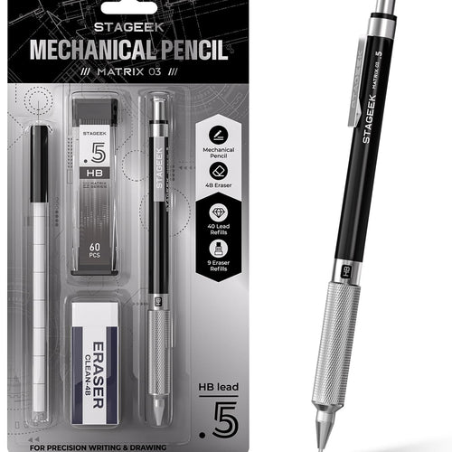 STAGEEK 0.5mm Mechanical Pencil, Metal Art & Drafting Pencil with Eraser and 60 HB Lead Refills, Professional Drawing Pencil for Artists, Students, School, Office, Writing, Sketching, Drafting(Black)
