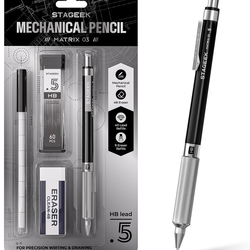 STAGEEK 0.5mm Mechanical Pencil, Metal Art & Drafting Pencil with Eraser and 60 HB Lead Refills, Professional Drawing Pencil for Artists, Students, School, Office, Writing, Sketching, Drafting(Black)