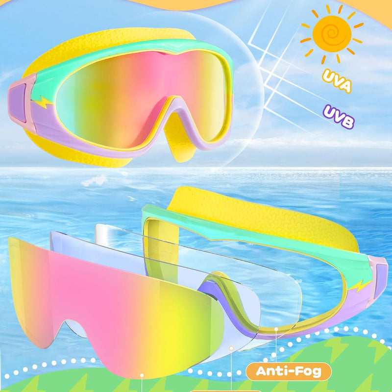 2 Pack Wide View Swimming Goggles, No Leaking Kids Swim Goggles with Anti-Fog/UV HD View Kids Goggles Boys Girls 5-15