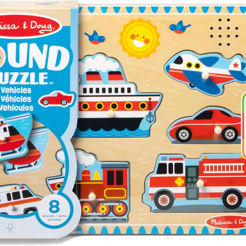 Melissa & Doug Wooden 8-Piece Vehicle Sound Puzzle for Toddlers and Kids Ages 2+