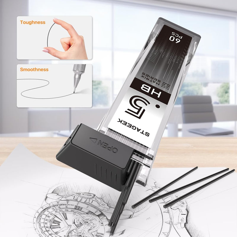 STAGEEK 0.5mm Mechanical Pencil, Metal Art & Drafting Pencil with Eraser and 60 HB Lead Refills, Professional Drawing Pencil for Artists, Students, School, Office, Writing, Sketching, Drafting(Black)