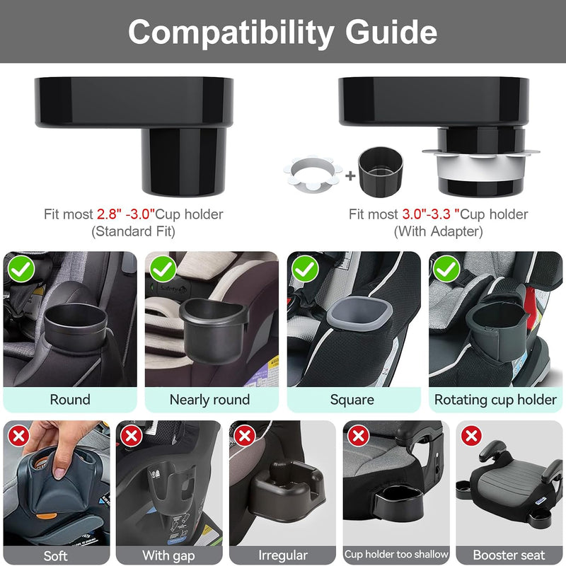Car Seat Snack Tray for Toddlers - 3 Inch Cup Holder Fits Most Sippy Cups & Straw Bottles with Dip Well, Mess-Free Square Kids Travel Tray Road Trip Essentials, Black