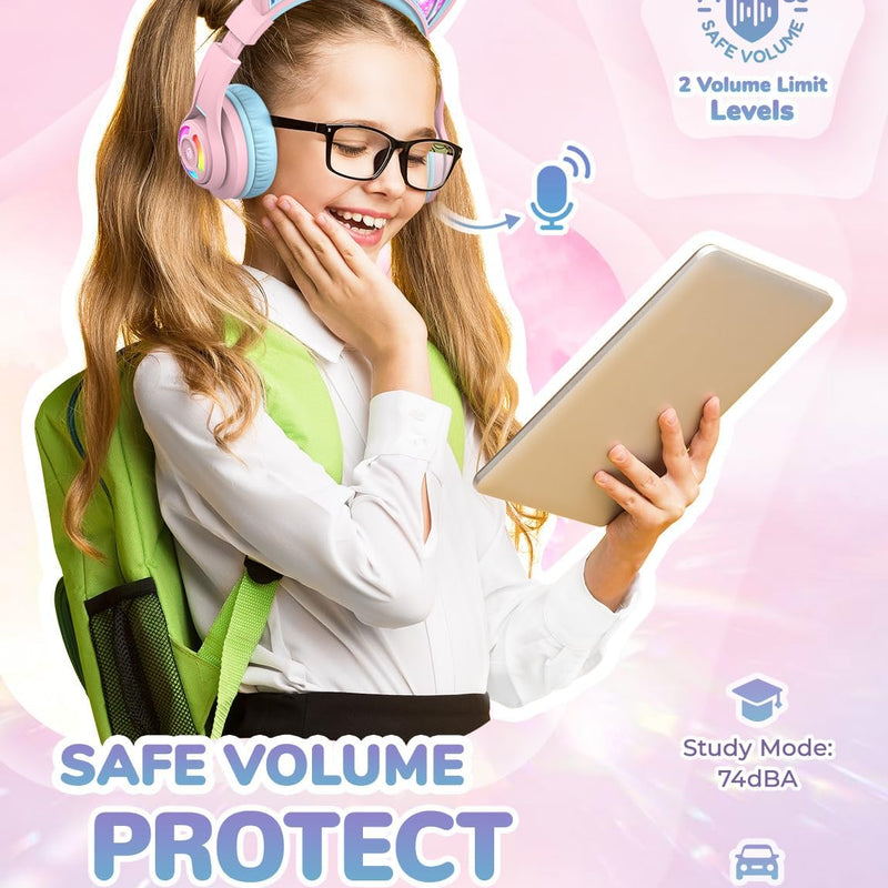 iClever Cat Ear Kids Bluetooth Headphones: Safe Volume, 50-Hour Playtime, LED Lights