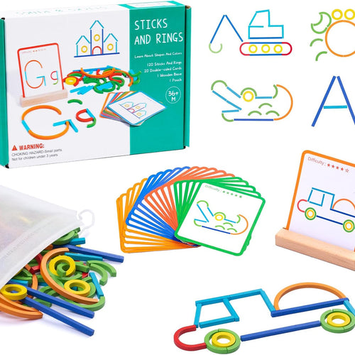 142pcs Wooden Pattern Blocks Montessori STEM Toy for 3-5 Years Old Kids, Made in USA, 142pcs Sticks & Rings