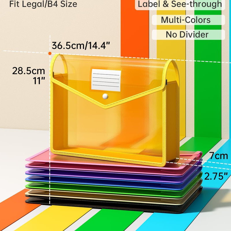 7 Pack Plastic Expanding File Folder, Transparent envelopes with Snap Closure, No Dividers, Large Capacity, Fit Legal/B4 Size for School, Office, Home, Hospital, 7 Colors