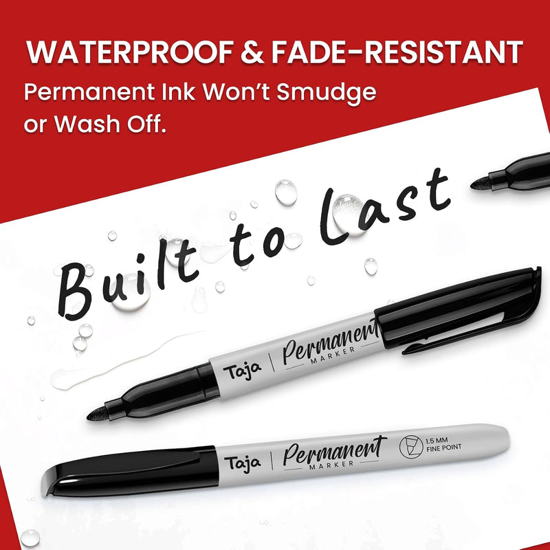 Taja (100 Counts) Permanent Markers, Fine Tip, Black, Quick-Drying and Fade-Resistant Bulk Marker Set for Writing and Sketching on Wood, Plastic, Metal, Glass, Perfect for School and Office Supplies