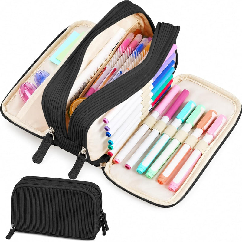 Sooez Big Capacity Pencil Case Pen Pouch, Soft Corduroy Pencil Bag with 3 Compartment, Multiple Pockets, Sturdy Zipper, Cute School Supplies Pen Bag Organizer For Teen Girls College, Beige