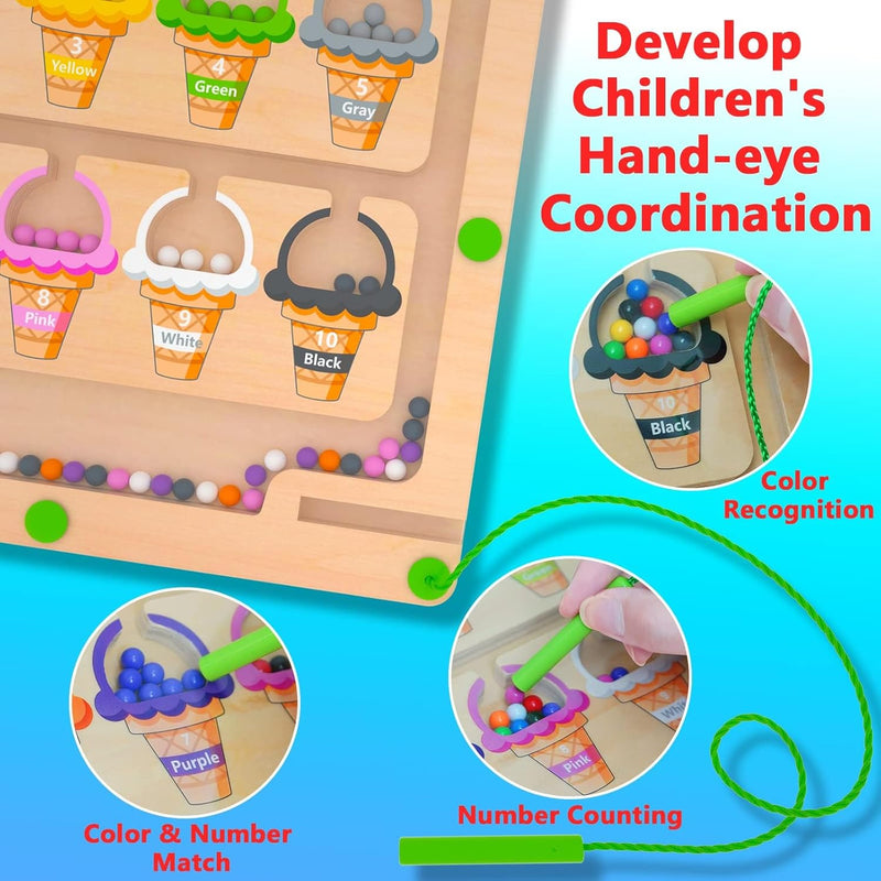 MTYOKILN Montessori Color & Number Maze - Wooden Fine Motor Skills Toys for Boys & Girls 2-4 Years Old - Magnetic Beads Counting Learning Puzzle Board