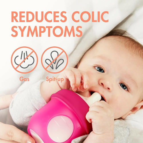 Boon Nursh Bottles - Slow Flow - Silicone Baby Bottles Help Ease Colic Symptoms - Formula and Breast Milk Only Touch Platinum Food-Safe Silicone - Pink - 0-3 Months - 3 Count - 4 Ounce