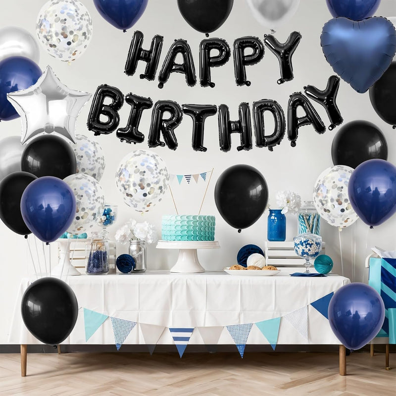 Navy Blue and Black Birthday Decorations for Men,Blue Black White Balloons Happy Birthdays Balloon Banner Silver Confetti Balloons for Men Boy Girls Women Adults Birthday Party Decorations