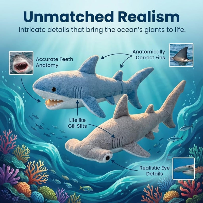 Bedwina Stuffed Animal Sharks - Pack of 2 Large, 14 inch Mako & 13 inch Hammerhead Plush Shark Toys, Stuff Animals Toy, for Baby Toddlers & Kids