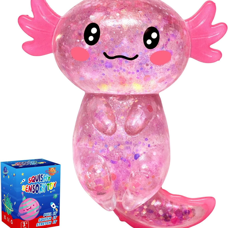Axolotl Squishy Glitter Stress Relief Toy, Stretchy Axolotls Stress Ball, Relief Squishy Toys, Fidget Toys for Kids Youth Adult, Salamander Gift for Party Birthday Christmas (Pink)