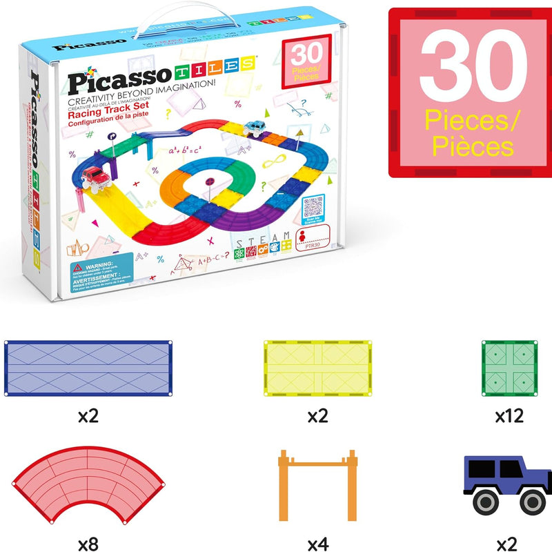 PicassoTiles Race Track Magnetic Tiles Car Toy Fun Playset Includes 2 Racing Trucks Racecars STEM Educational Magnet Building Block Construction Set for Toddlers Boys Girls Ages 3 and Older PTR30