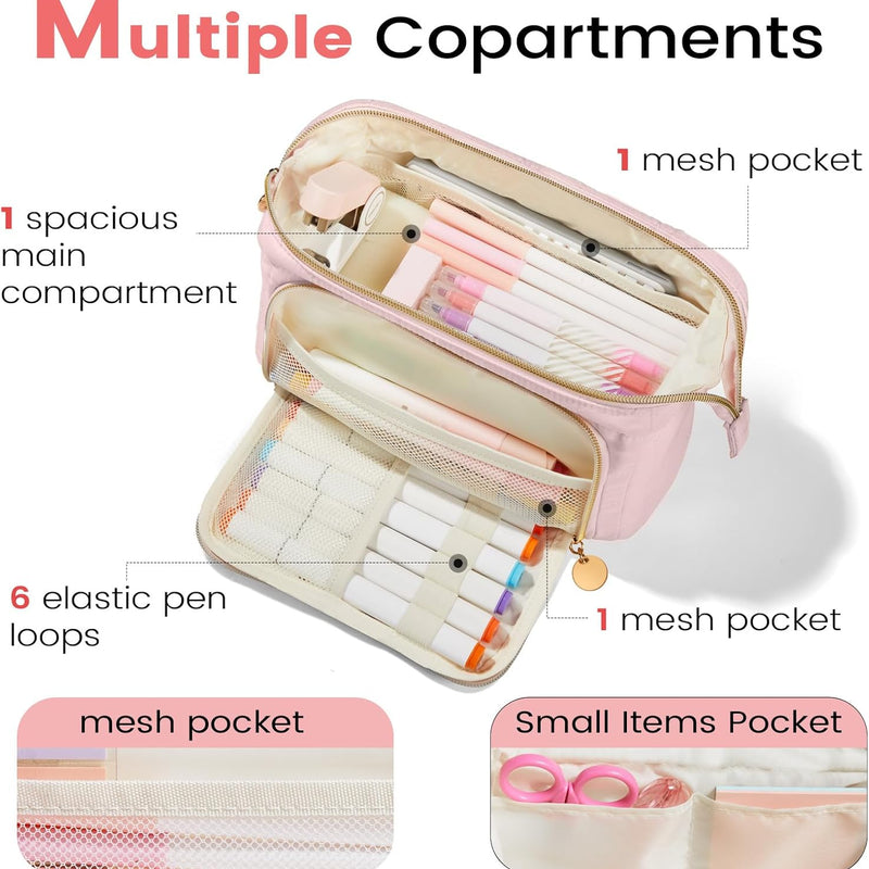 Sooez Large Pencil Case Pouch, Soft Pencil Bag with Zipper, Pen Bag Wide Opening, School Supplies Cute Pencil Case for Girls Boy Men Women, Beige