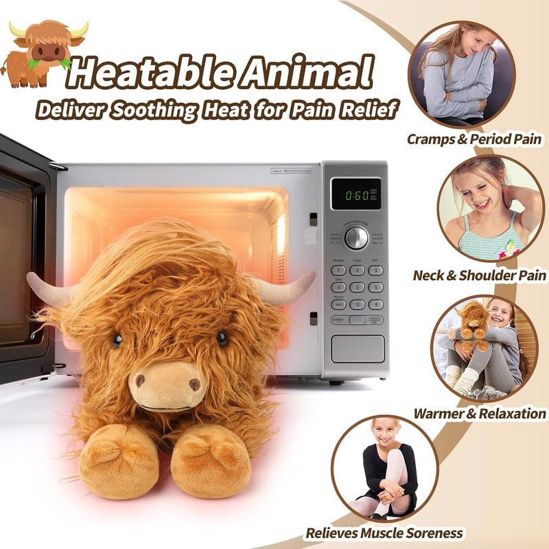 Highland Cow Stuffed Animals, Microwavable Stuffed Animals Heating Pad for Cramps, Pain Stress Relief, Heatable & Coolable Lavender Scented Cow Plush Toy for Anxiety, Women Kid Bedtime Highland Cattle