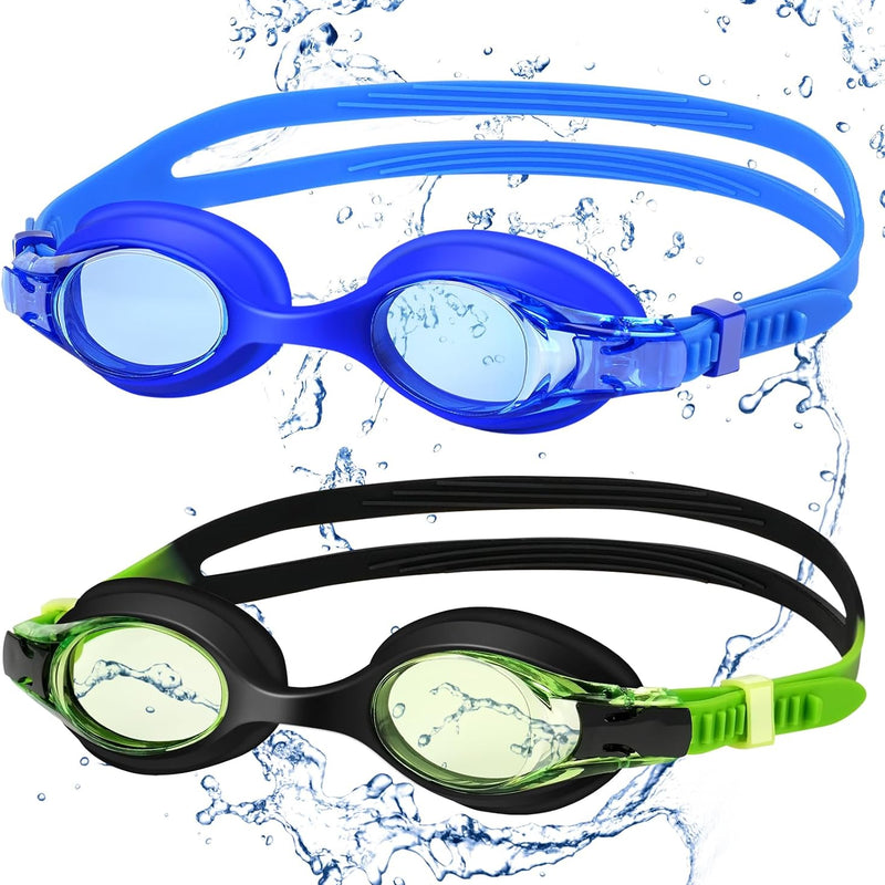 Kids Swim Goggles 2 Pack, Anti Fog No Leak Swimming Goggles for Boys Girls Ages 6-14, Wide View Swim Goggles Kids