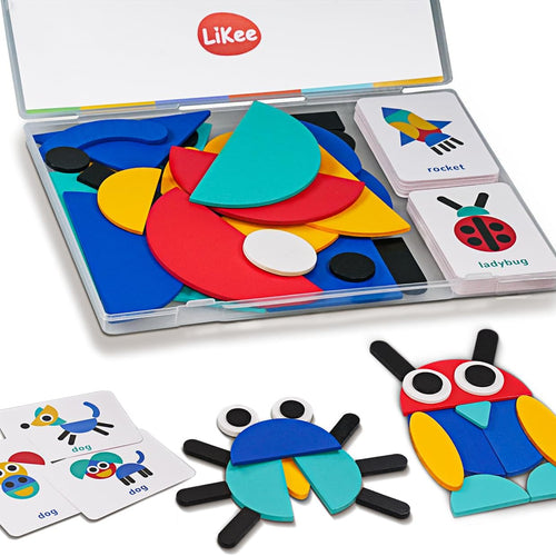 LiKee Open Ended Wooden Shape Puzzles for Toddlers 3+, 36 Blocks & 60 Cards