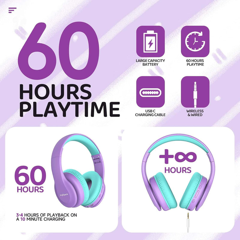 JoySpark Kids Bluetooth Headphones, Lightweight Wireless Headphones for Kids, 85/94dB Volume Limited, 60 Hours Playtime, Bluetooth 5.3, Over-Ear Toddler Headsets with Built-in Mic-Purple