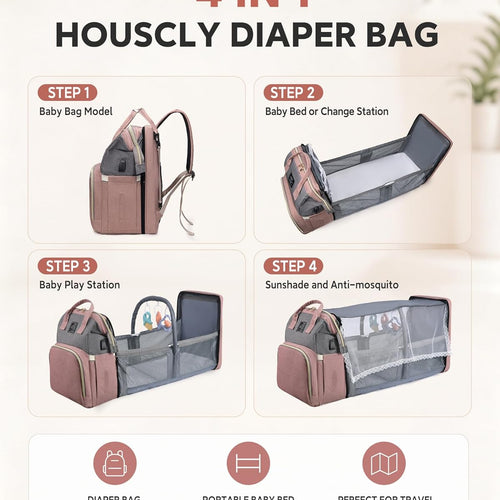 houscly Diaper Bag Backpack with Changing Station, 25L Large Capacity | Multifunction baby bag, baby registry search, baby girl newborn essentials must haves, baby shower gifts, pink