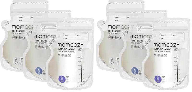 Momcozy 8oz Breastmilk Storage Bags,Temp-Sensing & Pour Spout,120 Count | Temp-Sensing Color Change, Milk Bags with Pour Spout, Self Standing,No Leak Presterilized