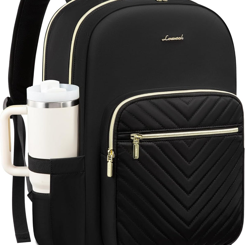 LOVEVOOK Laptop Backpack for Women with Giant Tumbler Holder 15.6 inch,Designer Travel Backpack Laptop Bag College Backpack,Quilted Work Nurse Teacher Backpack Purse Computer Bag Casual Daypack, Black
