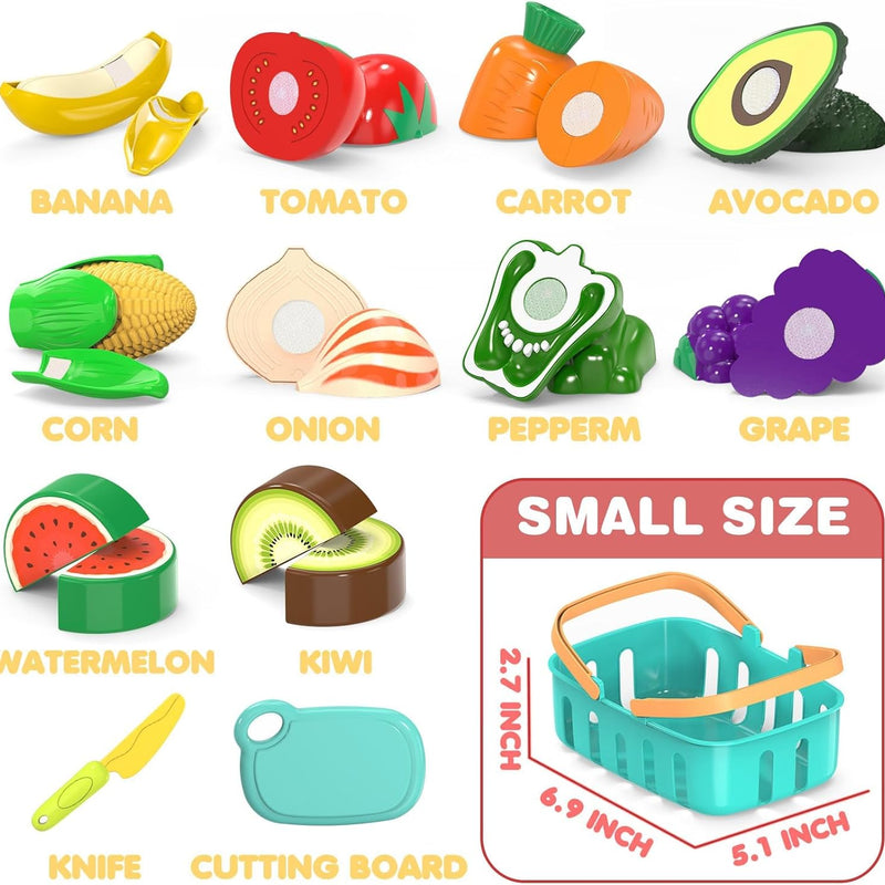 Cutting Play Food Toys for Kids with 28-Piece Fruits and Vegetables Set and Shopping Storage Basket