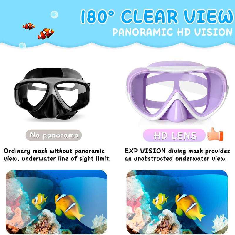 Kids Swim Mask 180° Snorkel Diving Mask, Anti-Fog Child Swim Goggles with Nose Cover No-Leak Swimming Goggles Anti-Shattered Lens for Youth 4-15