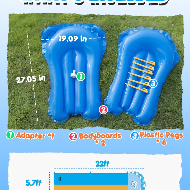 Spring Water Extra Long Slip and Water Slide for Kids Adults Backyard, 22ft Giant Inflatable Slip n WaterSlide for Heavy Duty, Summer Outdoor Water Toys with 2 Bodyboards