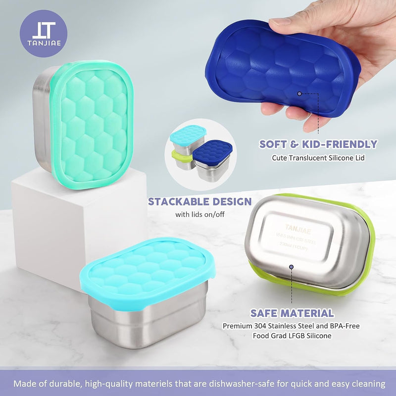 Tanjiae 4Pack 8oz Small (1 CUP) Stainless Steel Snack Containers for Kids | Reusable Easy Open Toddler Snack Containers with Silicone Lids | Stackable Toddler Lunch Box for Daycare, School and Travel