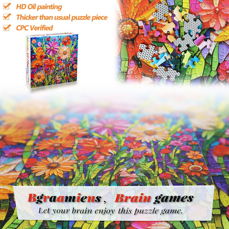 Bgraamiens Mosaic Art Flowers 1000 Piece Ceramic Tile Puzzle for Adults, Stained Glass Jigsaw