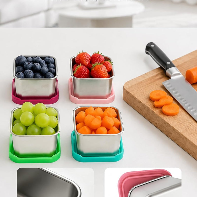 HTEVW 6 Pack Stainless Steel Snack Containers for Kids, 6 oz Toddler Snack Containers with Silicone Lids, Reusable Leak Resistant Food Containers for School Lunch, Daycare, Travel & Portion Control