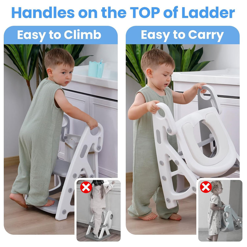 Potty Training Toilet, 2-in-1 Stable Potty Seat with Step Stool | Adjustable Seat and Step Height, Extra Wide Step, Anti-Slip Pad, Splash Guard, for Boys and Girls, Grey