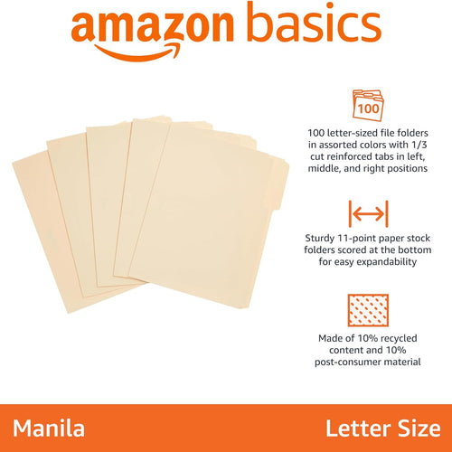 Amazon Basics Sturdy File Folders with Reinforced Tabs for Filing and Organization, 1/3-Cut Tab, Assorted Positions, Letter Size, 8.5x11 inches, Manila, 100-Pack