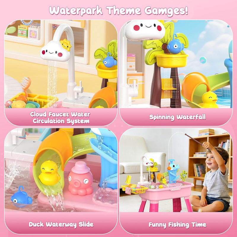2026 Upgraded Water Table for Toddlers 1-3 - Outdoor Toys for Kids Ages 4-8 with Pump, Summer Outside Sensory Activity Pool Toys, Kitchen Play Sink Toy with Running Water, Fishing Toy, Pink