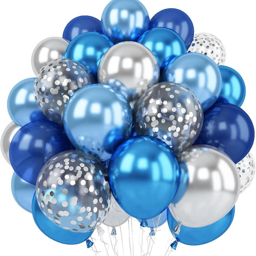 12 Inch Blue Silver Balloons Set, Dark Navy Confetti Party Latex Balloon for Birthday Graduation Baby Shower